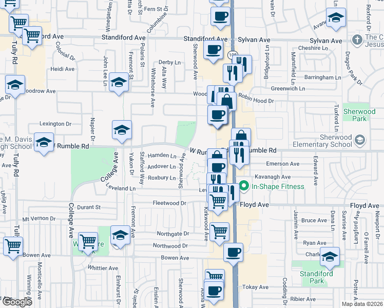 map of restaurants, bars, coffee shops, grocery stores, and more near 2852 Sherwood Avenue in Modesto