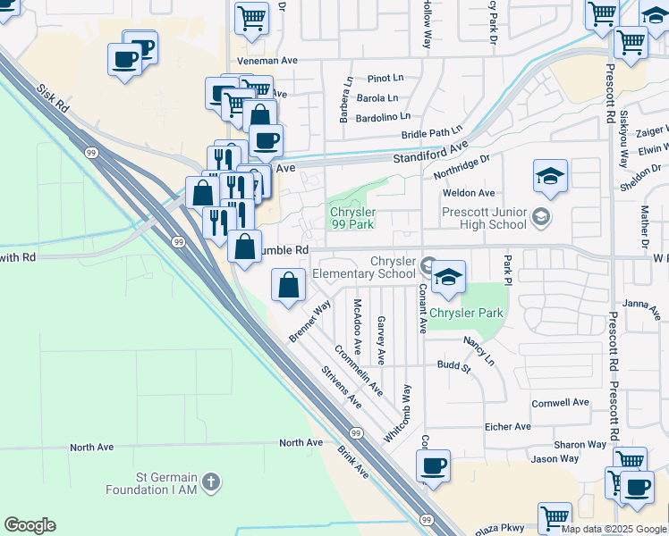 map of restaurants, bars, coffee shops, grocery stores, and more near in Modesto