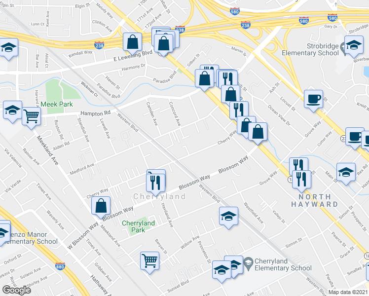 map of restaurants, bars, coffee shops, grocery stores, and more near 630 Cherry Way in Hayward