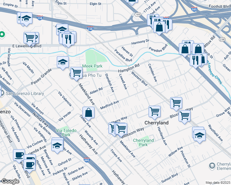 map of restaurants, bars, coffee shops, grocery stores, and more near 19037 Standish Avenue in Hayward