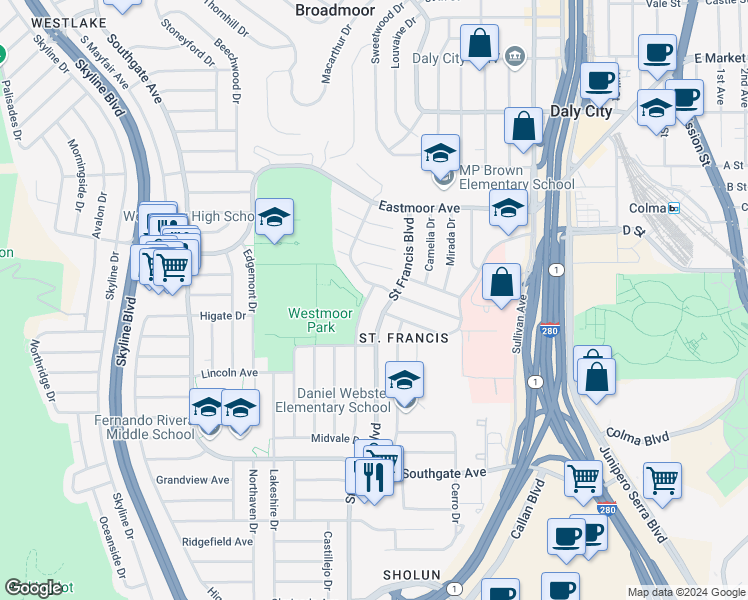 map of restaurants, bars, coffee shops, grocery stores, and more near 125 Del Prado Drive in Daly City