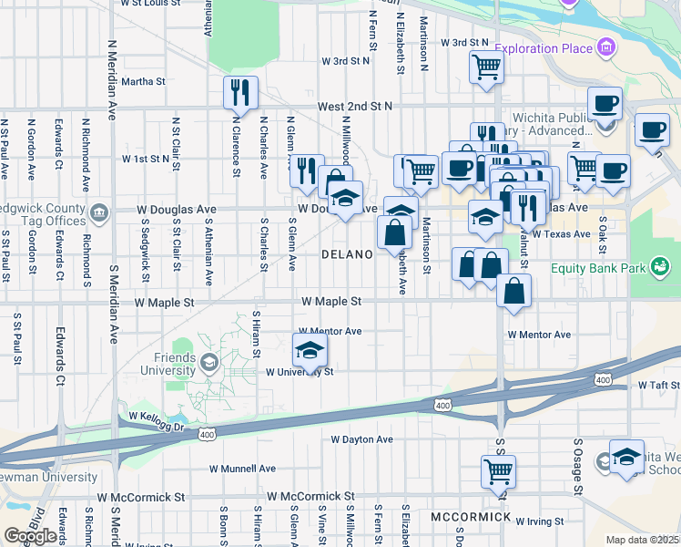 map of restaurants, bars, coffee shops, grocery stores, and more near 223 South Millwood Avenue in Wichita
