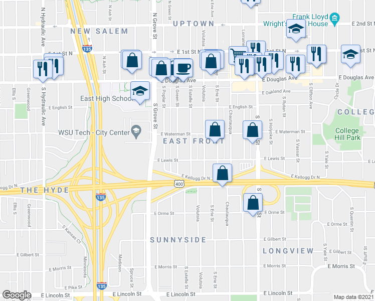 map of restaurants, bars, coffee shops, grocery stores, and more near 329 South Estelle Street in Wichita