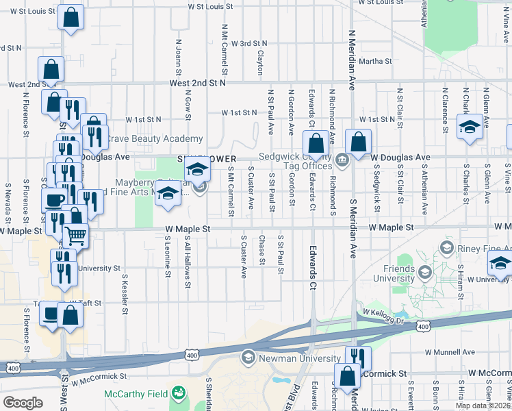 map of restaurants, bars, coffee shops, grocery stores, and more near 222 South Custer Avenue in Wichita