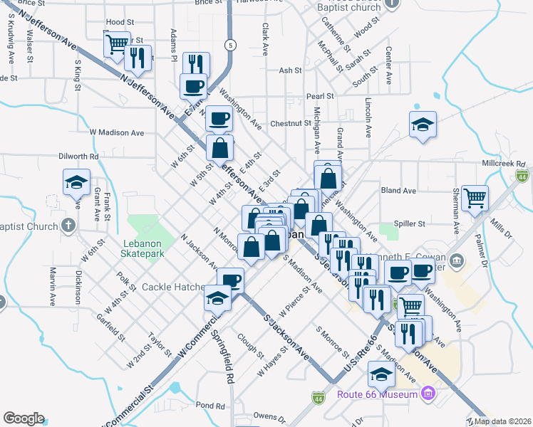 map of restaurants, bars, coffee shops, grocery stores, and more near 201 North Jefferson Avenue in Lebanon