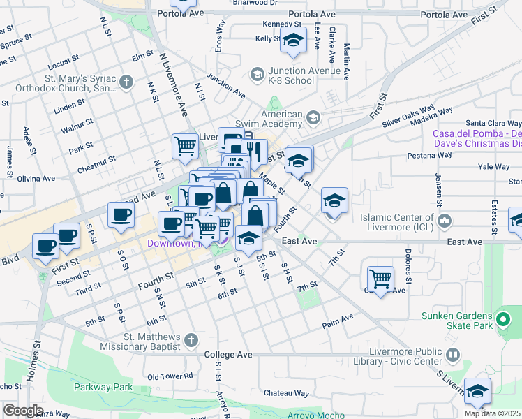 map of restaurants, bars, coffee shops, grocery stores, and more near 291 McLeod Street in Livermore