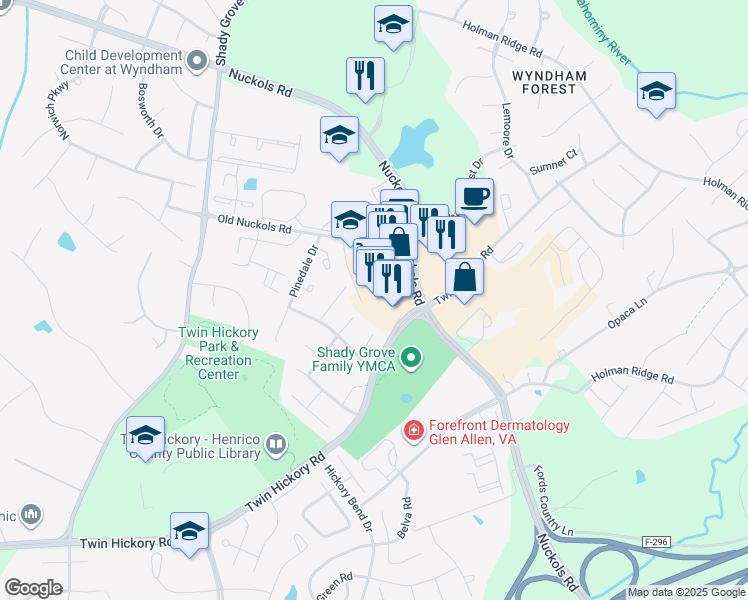 map of restaurants, bars, coffee shops, grocery stores, and more near 11371 Nuckols Road in Glen Allen