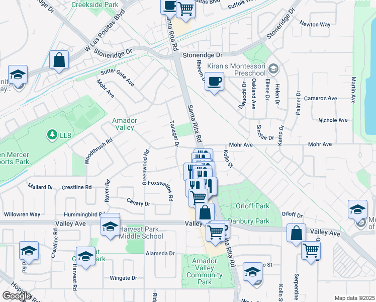 map of restaurants, bars, coffee shops, grocery stores, and more near 4478 Mohr Avenue in Pleasanton