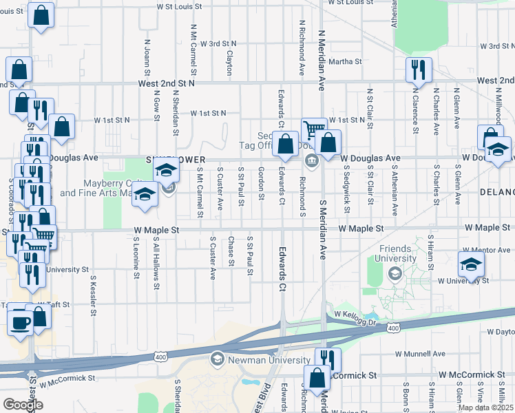 map of restaurants, bars, coffee shops, grocery stores, and more near 223 Gordon Street in Wichita