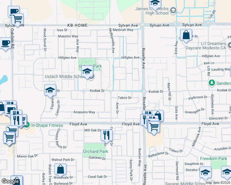 map of restaurants, bars, coffee shops, grocery stores, and more near 2913 Amir Place in Modesto