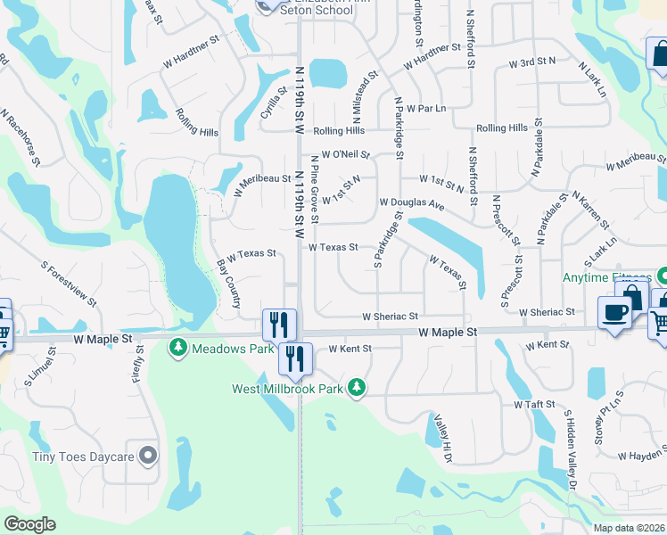 map of restaurants, bars, coffee shops, grocery stores, and more near 219 West Burton Street in Wichita