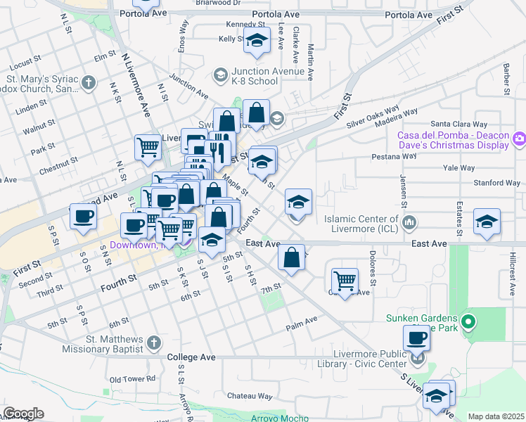map of restaurants, bars, coffee shops, grocery stores, and more near 2593 Fourth Street in Livermore