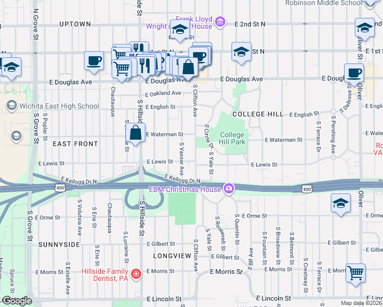 map of restaurants, bars, coffee shops, grocery stores, and more near 347 South Clifton Avenue in Wichita