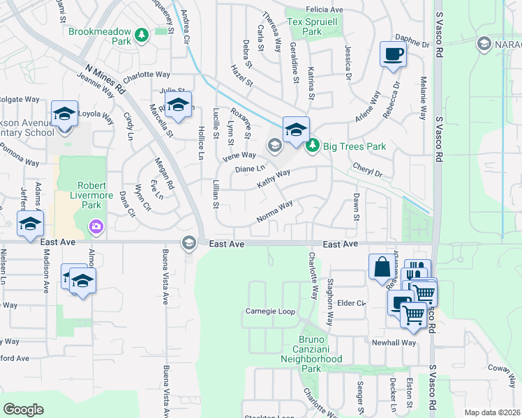map of restaurants, bars, coffee shops, grocery stores, and more near 1386 Kathy Court in Livermore