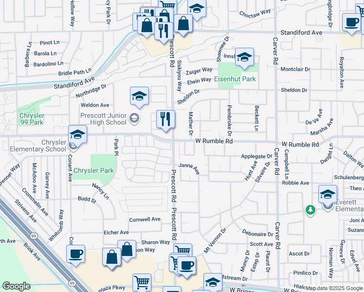 map of restaurants, bars, coffee shops, grocery stores, and more near 2817 Hillery Drive in Modesto
