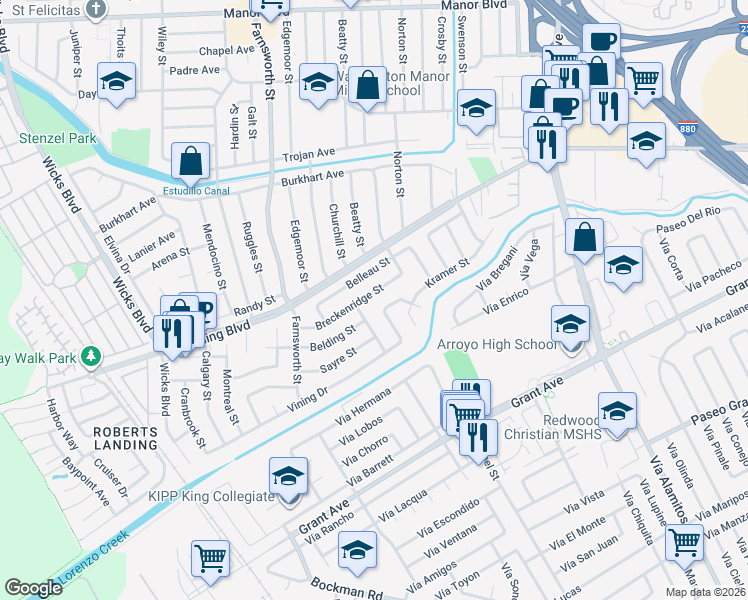 map of restaurants, bars, coffee shops, grocery stores, and more near 1205 Duzmal Avenue in San Leandro