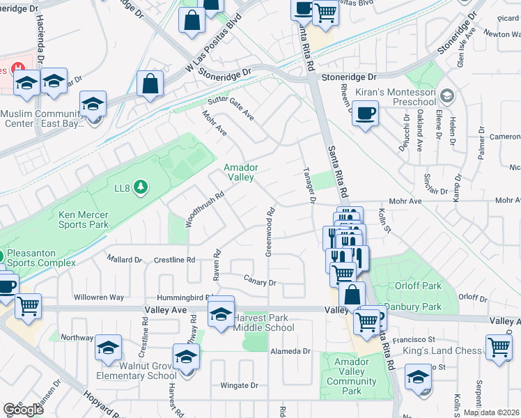 map of restaurants, bars, coffee shops, grocery stores, and more near 4820 Pipit Court in Pleasanton