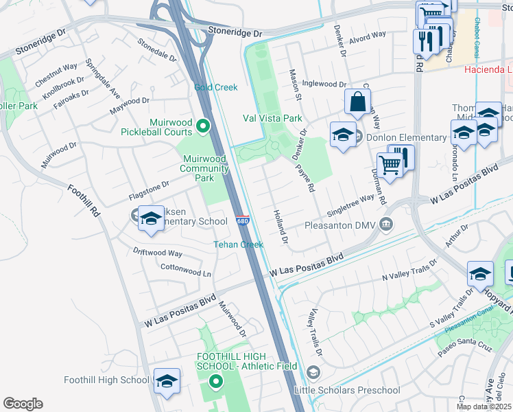 map of restaurants, bars, coffee shops, grocery stores, and more near 6875 Vale Court in Pleasanton