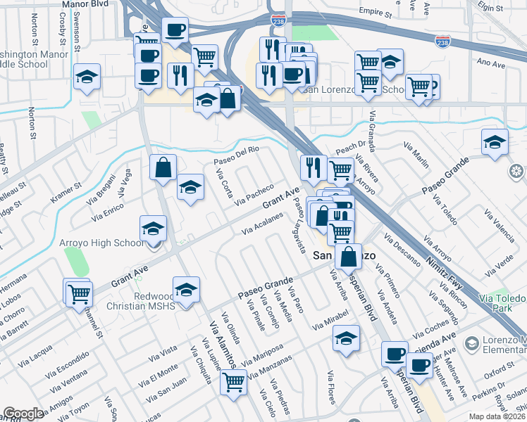 map of restaurants, bars, coffee shops, grocery stores, and more near 656 Grant Avenue in San Lorenzo