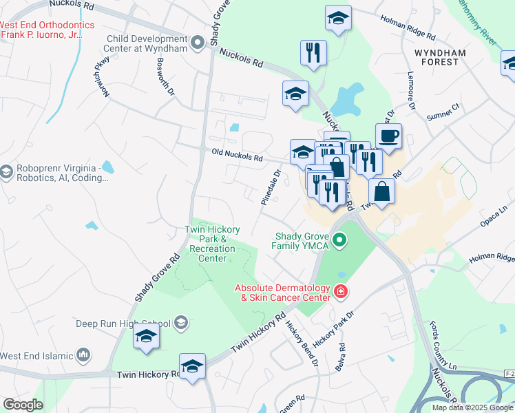 map of restaurants, bars, coffee shops, grocery stores, and more near 11448 Pinedale Drive in Glen Allen