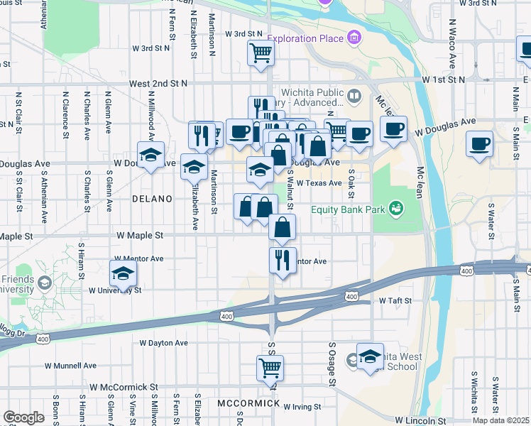 map of restaurants, bars, coffee shops, grocery stores, and more near 311 South Seneca Street in Wichita