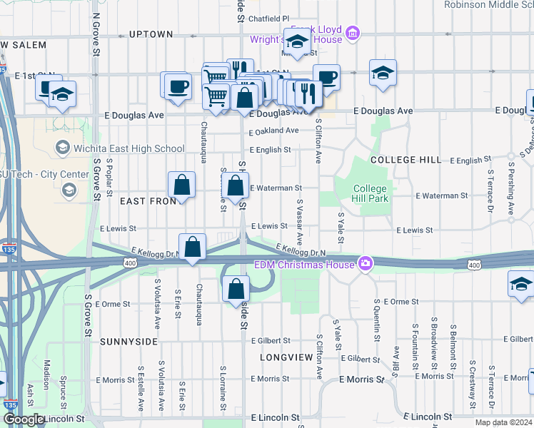 map of restaurants, bars, coffee shops, grocery stores, and more near 344 South Holyoke Street in Wichita