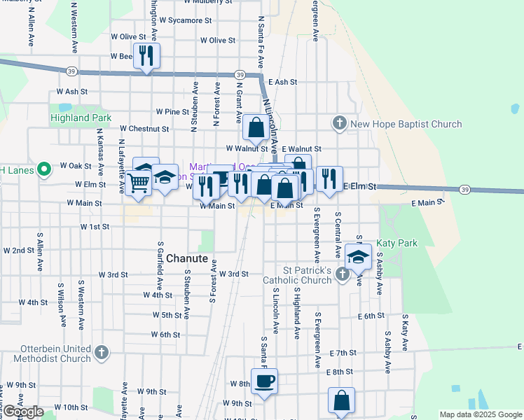 map of restaurants, bars, coffee shops, grocery stores, and more near 1 West Main Street in Chanute