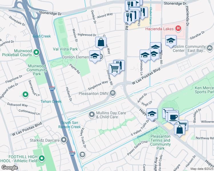map of restaurants, bars, coffee shops, grocery stores, and more near 6255 Wade Court in Pleasanton