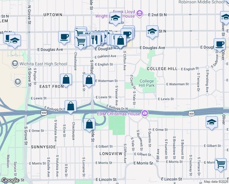 map of restaurants, bars, coffee shops, grocery stores, and more near 343 South Vassar Street in Wichita