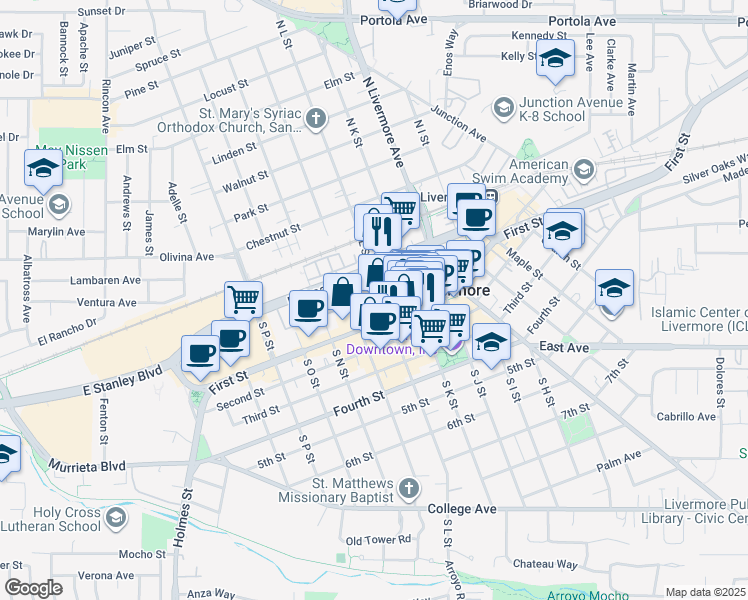 map of restaurants, bars, coffee shops, grocery stores, and more near 1-99 S L St in Livermore