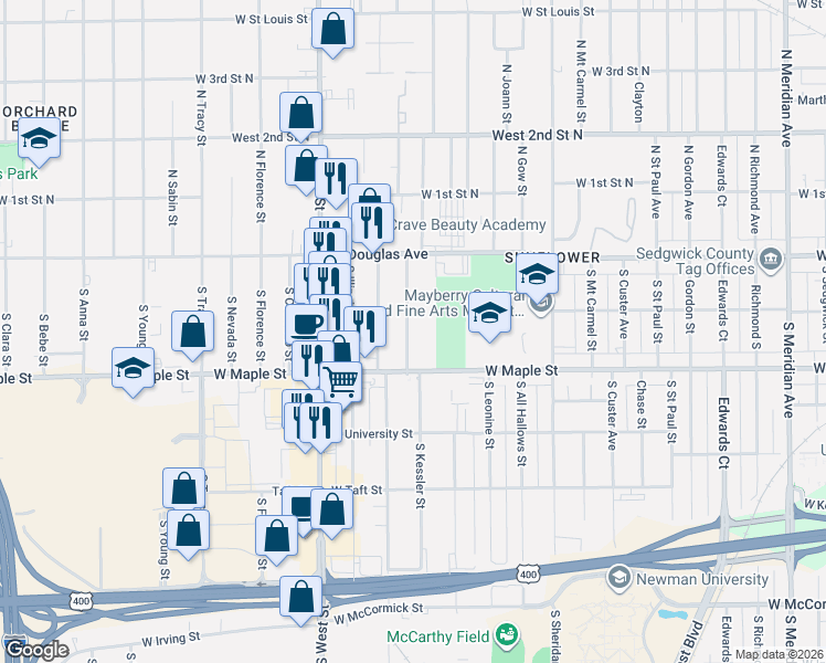map of restaurants, bars, coffee shops, grocery stores, and more near 206 South Kessler Street in Wichita