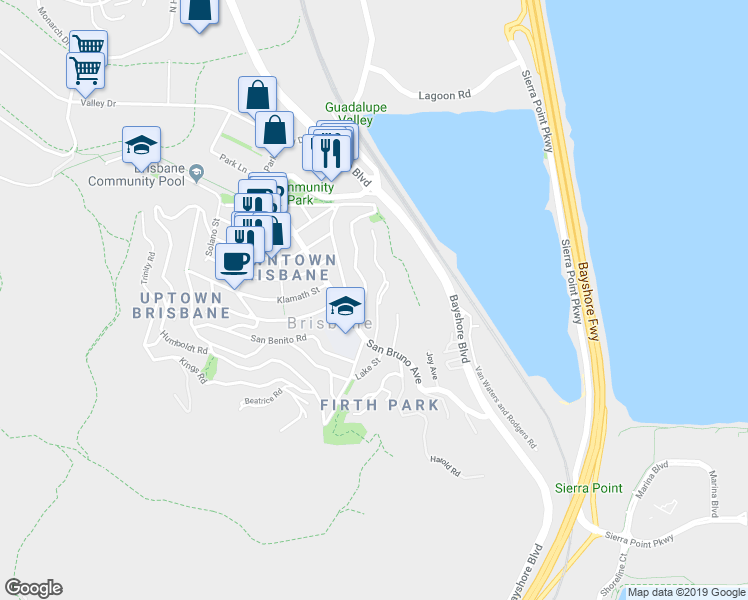 map of restaurants, bars, coffee shops, grocery stores, and more near 202 Tulare Street in Brisbane