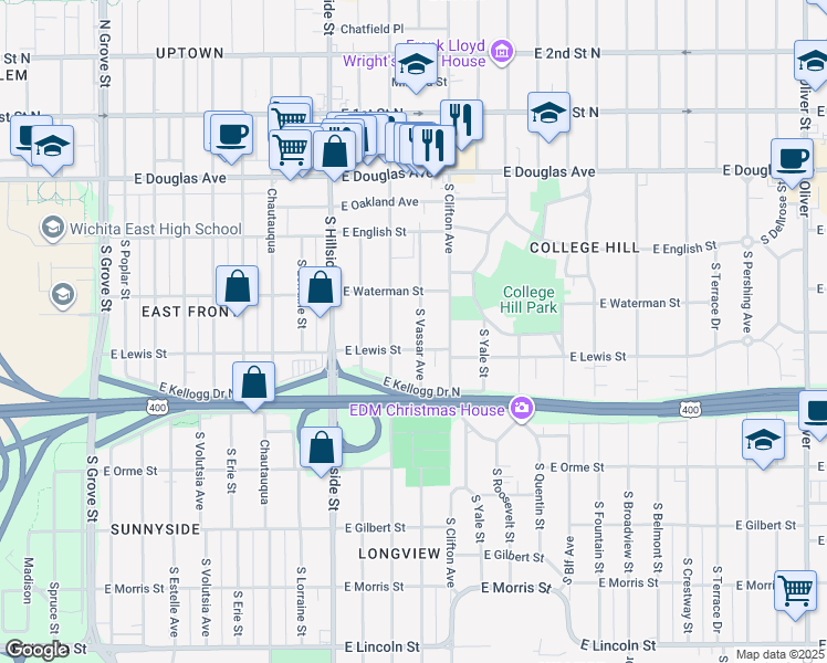 map of restaurants, bars, coffee shops, grocery stores, and more near 343 South Vassar Street in Wichita