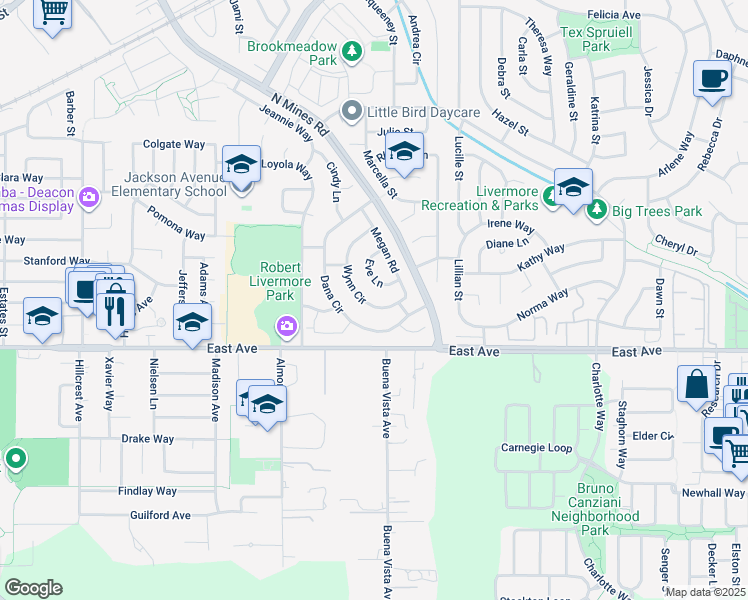 map of restaurants, bars, coffee shops, grocery stores, and more near 1120 Wynn Circle in Livermore