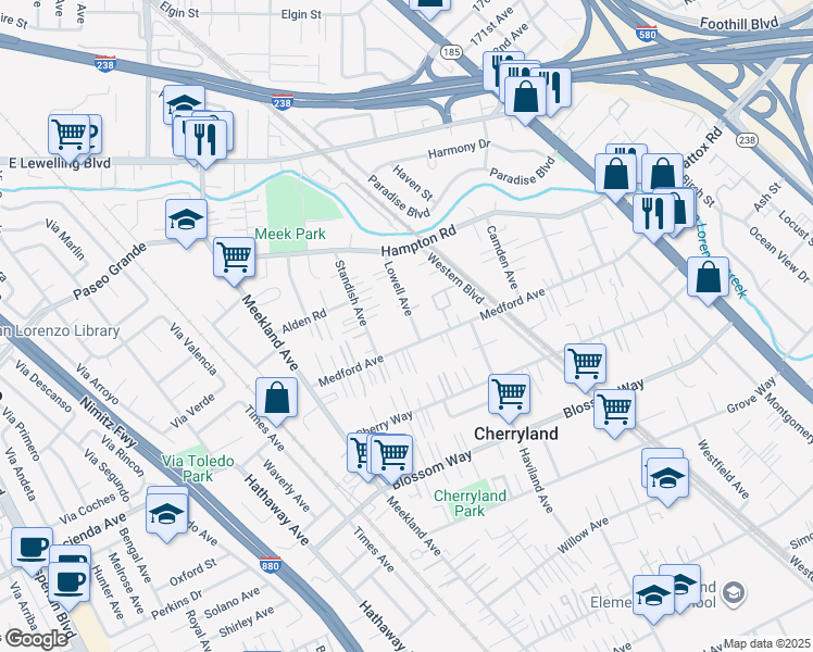 map of restaurants, bars, coffee shops, grocery stores, and more near 19237 Lowell Avenue in Hayward
