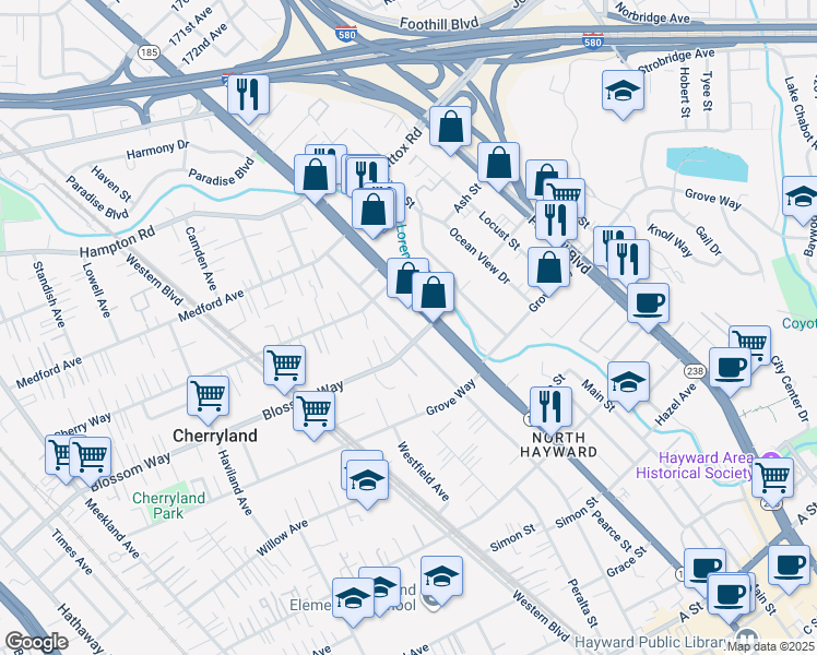 map of restaurants, bars, coffee shops, grocery stores, and more near 21270 Montgomery Avenue in Hayward