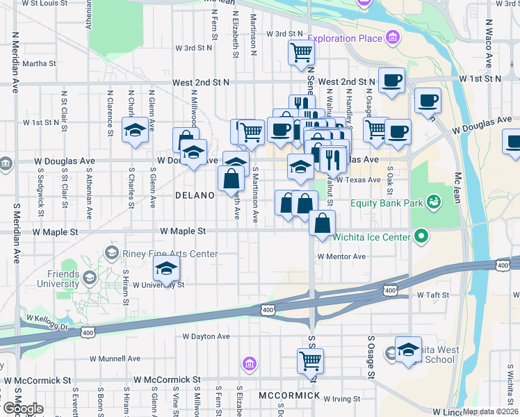 map of restaurants, bars, coffee shops, grocery stores, and more near 312 South Martinson Street in Wichita