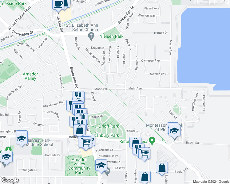 map of restaurants, bars, coffee shops, grocery stores, and more near 1802 Plumeria Court in Pleasanton