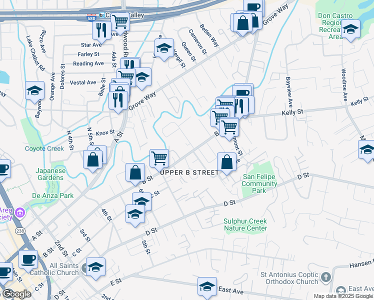 map of restaurants, bars, coffee shops, grocery stores, and more near 1782 B Street in Hayward