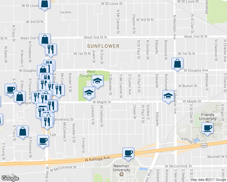 map of restaurants, bars, coffee shops, grocery stores, and more near 220 South Sheridan Street in Wichita