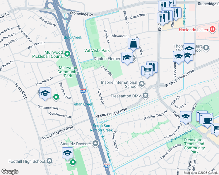 map of restaurants, bars, coffee shops, grocery stores, and more near 6729 Rancho Court in Pleasanton