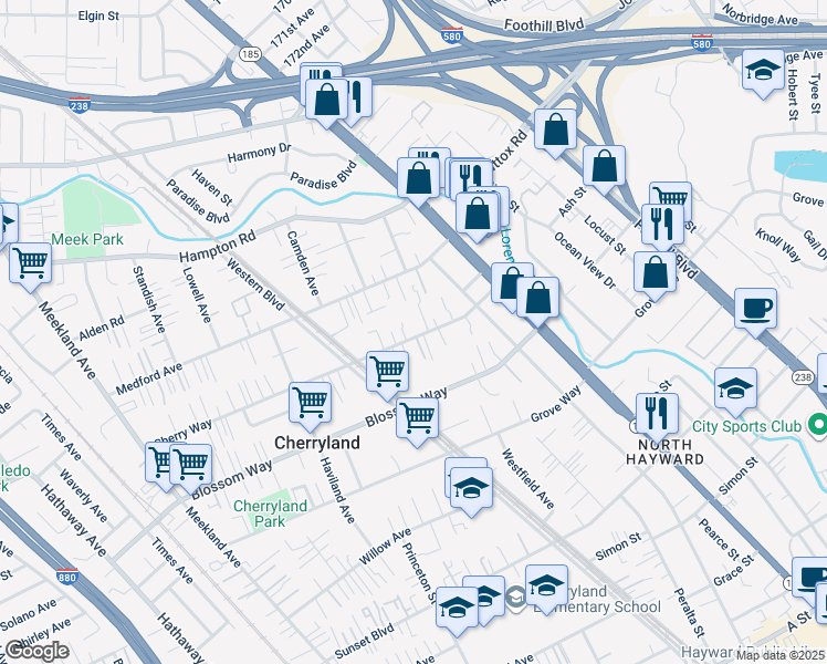 map of restaurants, bars, coffee shops, grocery stores, and more near 795 Cherry Way in Hayward