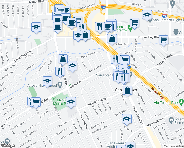 map of restaurants, bars, coffee shops, grocery stores, and more near 717 Grant Avenue in San Lorenzo