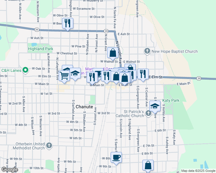 map of restaurants, bars, coffee shops, grocery stores, and more near 98 South Grant Avenue in Chanute
