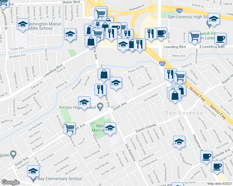 map of restaurants, bars, coffee shops, grocery stores, and more near 879 Grant Avenue in San Lorenzo