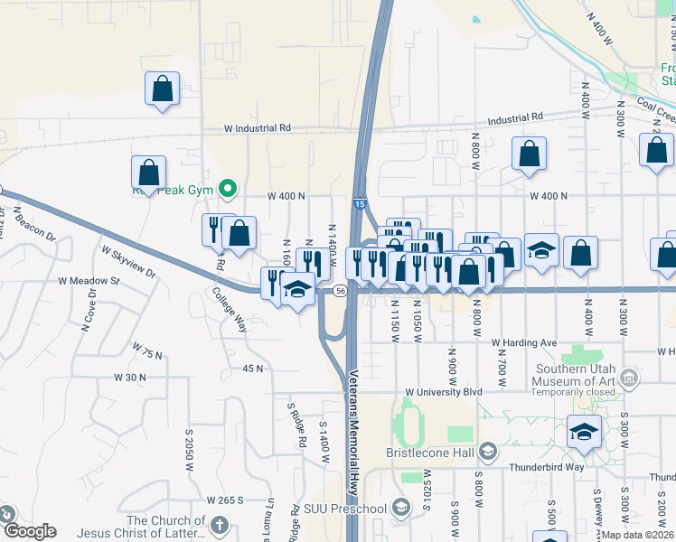 map of restaurants, bars, coffee shops, grocery stores, and more near 240 North 1400 West in Cedar City