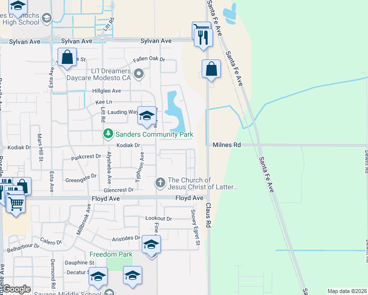 map of restaurants, bars, coffee shops, grocery stores, and more near 3909 Ruffed Grouse Lane in Modesto
