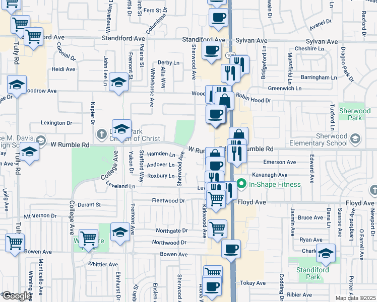map of restaurants, bars, coffee shops, grocery stores, and more near 2852 Sherwood Avenue in Modesto