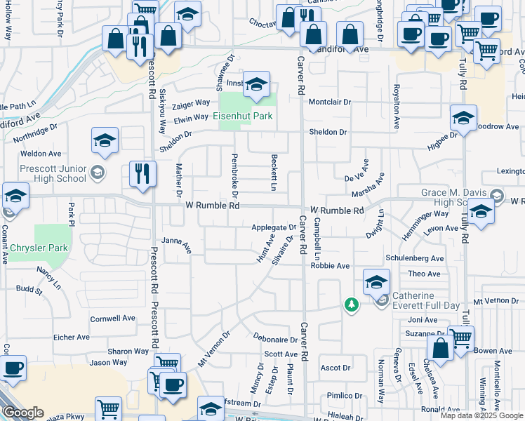 map of restaurants, bars, coffee shops, grocery stores, and more near 1805 Hunt Avenue in Modesto