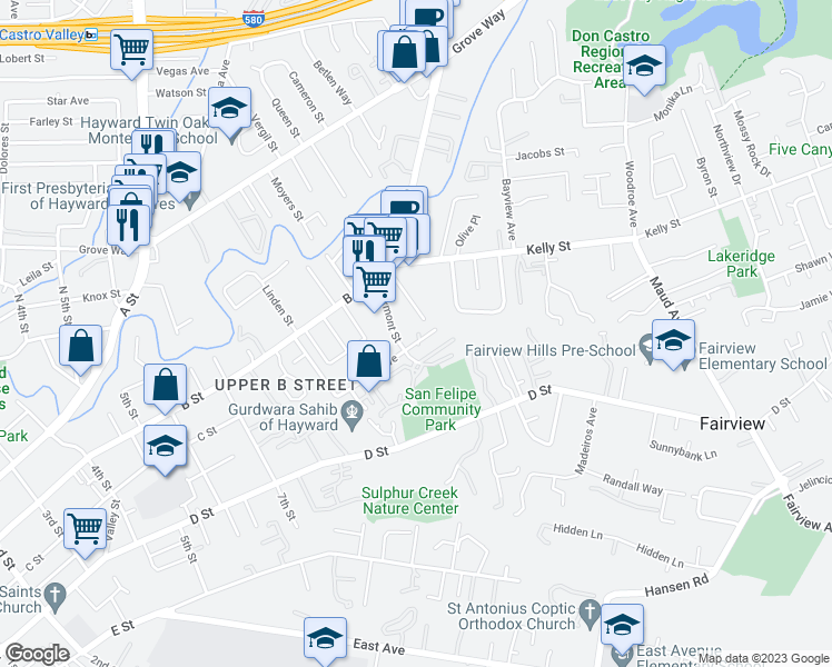 map of restaurants, bars, coffee shops, grocery stores, and more near 2139 Hill Avenue in Hayward